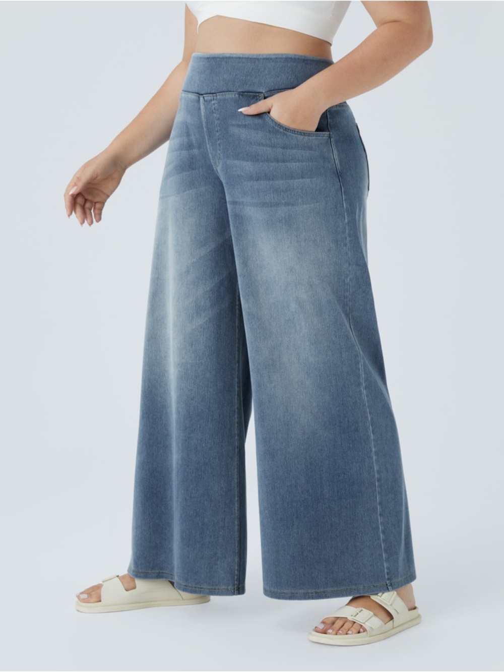 Halara Flex High Waist Multiple Pockets Baggy Wide Leg Washed Denim Pants Sz 1X - Picture 4 of 9